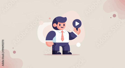 Cartoon man in a suit holding a play button icon