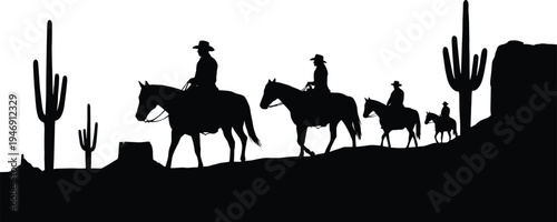 Western cowboy riders on horseback silhouette crossing desert landscape with cactus and rock formations, wild west frontier journey scene