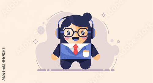 Cheerful cartoon character in business attire wearing headphones on a pastel background