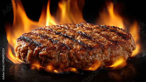 Grilled Beef Burger Patty with Flames – Generative AI