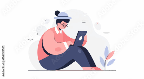 Person in hat and glasses using laptop, with abstract shapes