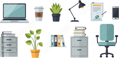 Flat design office workspace with laptop, desk chair, filing cabinets, plants, and supplies