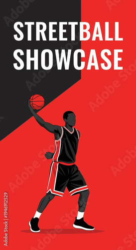 Dynamic Streetball Display Featuring an Athlete Elevating with a Basketball, Bold Colors