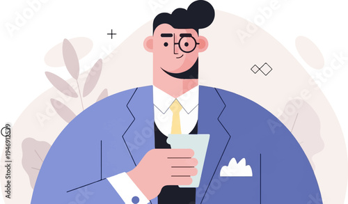 Businessman in a blue suit holding a drink with minimalist background