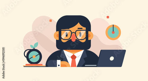Bearded man in suit at desk with laptop and clock