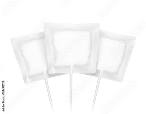 A lollipop hard candy in packaging mockup set. Vector illustration isolated on white background. Ready for your design. EPS10.	