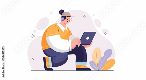 Cartoon character wearing headphones and glasses, using a laptop and kneeling