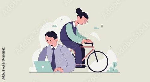 Colleagues collaborate digitally while one commutes by bicycle