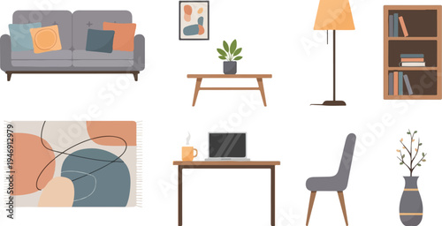 Cozy room elements sofa, rug, lamp, bookshelf, table, chair, plant, art