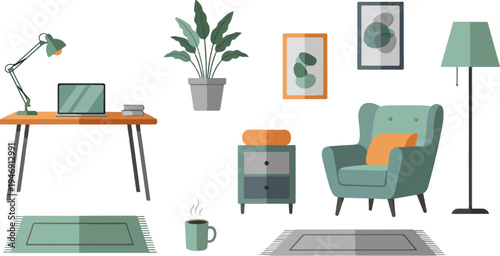 Cozy room interior elements desk, chair, lamp, plants, rugs, and art