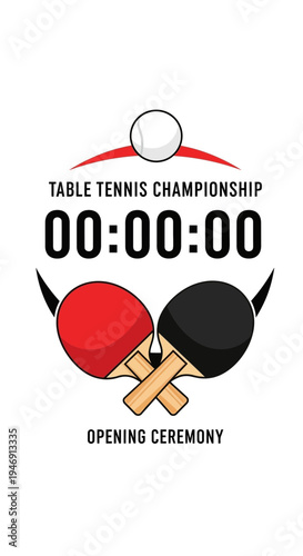 Dynamic Table Tennis Tournament Logo Featuring Paddles, Ball, And Championship Details