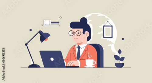 Man in suit working on laptop with coffee and desk lamp