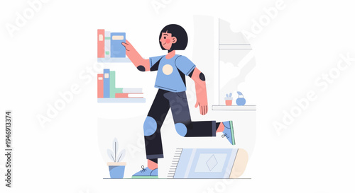 Person reaching for book on shelf near rug and plants