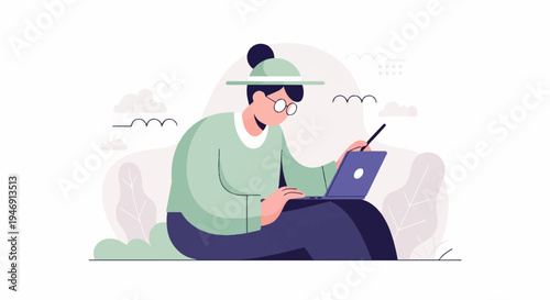Person wearing hat and glasses using a laptop on a bench with plants