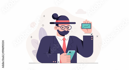 Man in suit and hat with phone and graph card