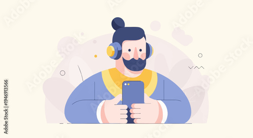 Cartoon man with headphones and phone, abstract background
