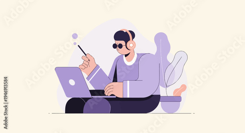 Person wearing headphones and glasses using a laptop with a stylus near plants