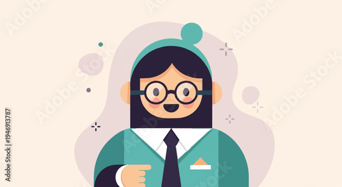 Cheerful cartoon character with glasses, dark hair, and a suit, pointing