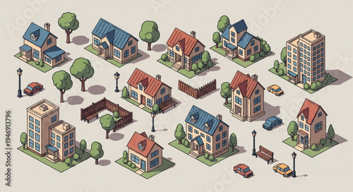 Isometric Cityscape - A Detailed Collection of Buildings and Urban Elements.