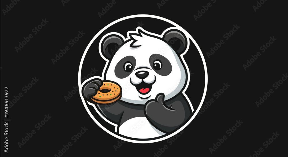 Obraz premium Cartoon panda holding donut on black