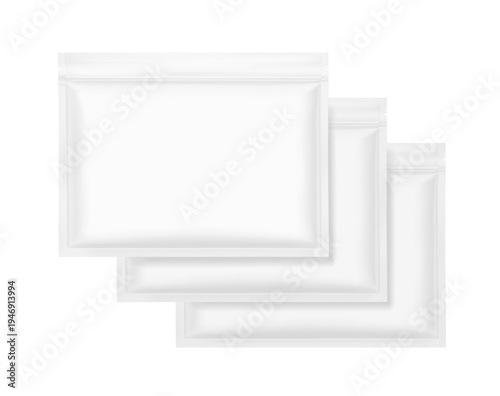 Plastic resealable zip-lock packaging bags mockup for cosmetic products. Vector illustration isolated on white background. Great for your design. EPS10.