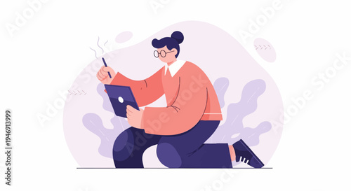 Person with glasses uses tablet and stylus, with abstract background