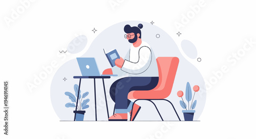 Man in a chair reading a book next to a laptop and plants