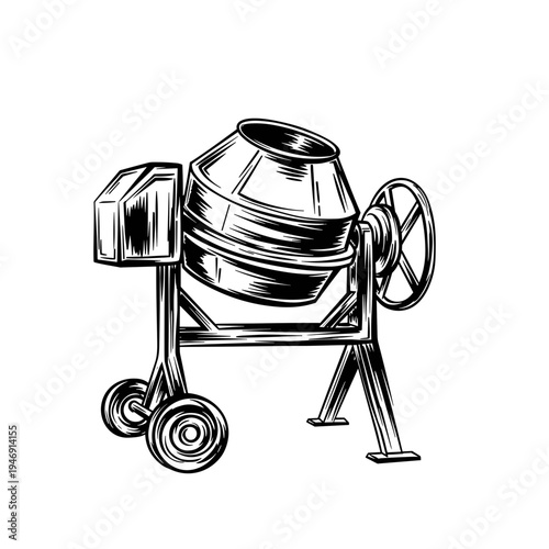 Construction cement mixer in black and white sketch style  