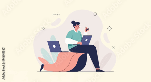 Person working on two laptops with abstract shapes and plants