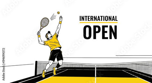 Dynamic Tennis Player Serving During The International Open Tournament With Bold Typography