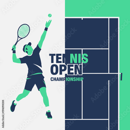 Dynamic Tennis Player Serving on Court with Championship Branding and Graphic Design