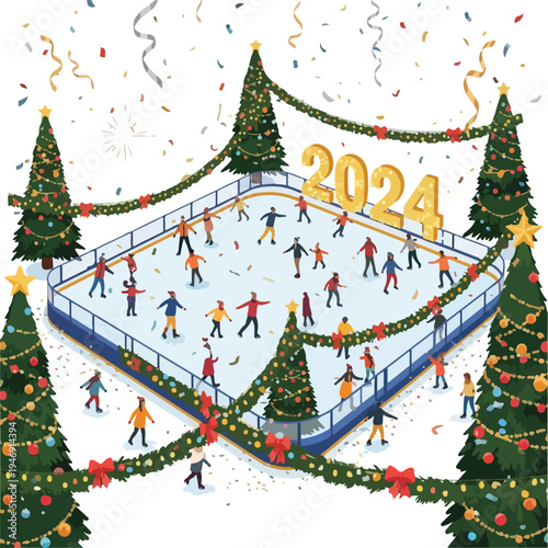 People Ice Skating on Outdoor Rink Christmas.