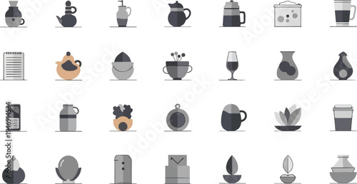 Diverse set of simple objects including vessels, containers, and decorative items