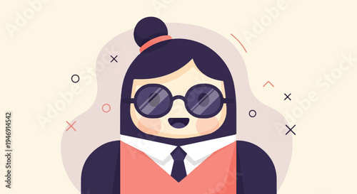 Minimalist cartoon character with sunglasses, hair bun, and formal attire