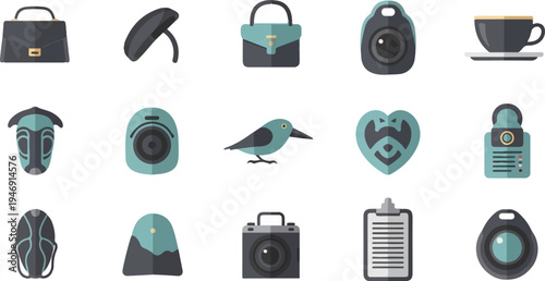 Flat design icons of bags, cameras, coffee cup, bird, heart, mask, helmet, clipboard, and tag