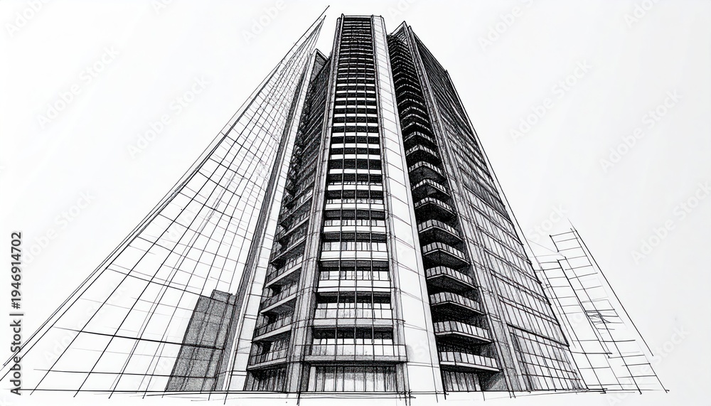 Fototapeta premium Architectural Sketch of a Modern High-Rise Building.