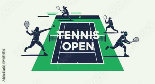 Dynamic Tennis Tournament: Action-Packed Illustration of Players and Court Design