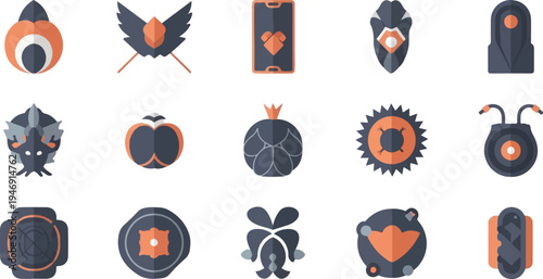 Diverse flat vector icons with a playful, stylized aesthetic