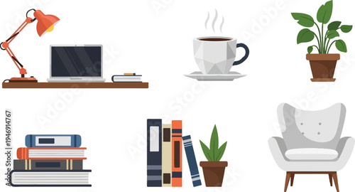 Cozy desk setup with a lamp, laptop, books, coffee, potted plants, and an armchair