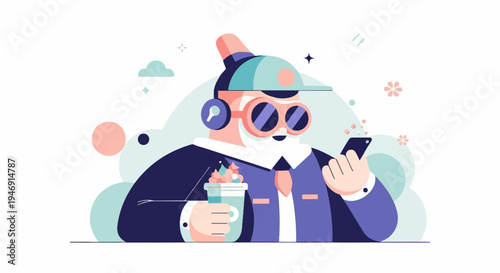 Cool character in hat and sunglasses with coffee and phone