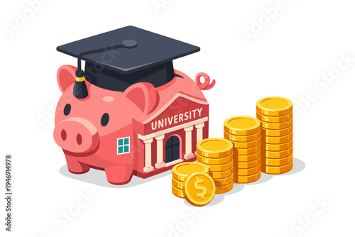 Piggy bank with graduation cap and coins symbolizing education savings.