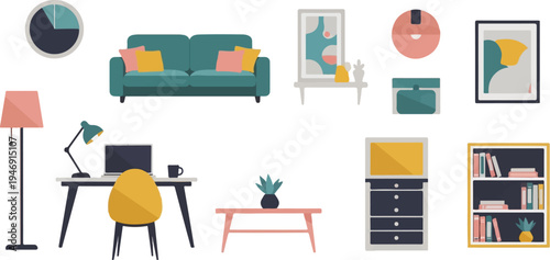 Collection of modern furniture and decorative items for home decor