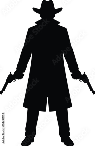 Western cowboy gunslinger silhouette wearing long coat holding revolvers isolated on white background, wild west outlaw duelist frontier figure