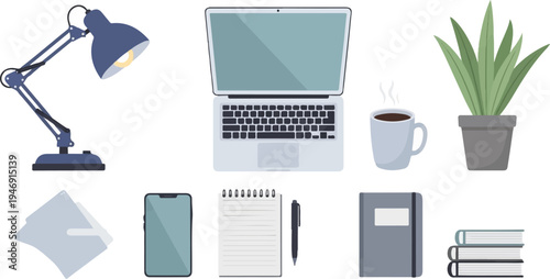 Flat illustration of a desk setup with a laptop, lamp, coffee, plant, notebook, phone, and books
