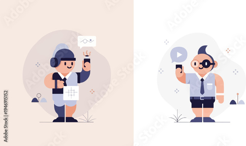 Two cartoon figures, one with headphones and a chart, the other with glasses and a play button