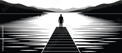 Silhouette of man standing on wooden pier over calm lake water with mountains background cad drawing flat vector illustration nature.