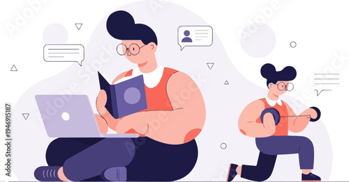 Two people, one studying on a laptop and reading, the other exercising