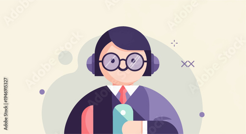 Flat illustration of a person with glasses and headphones holding a phone