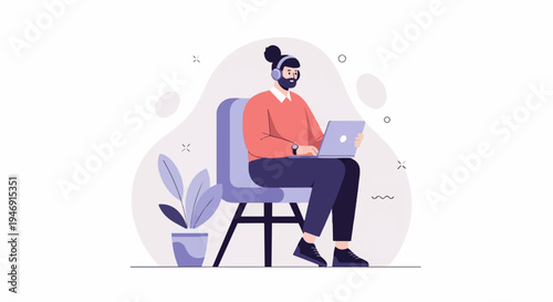 Person with headphones and laptop sits on chair near potted plant