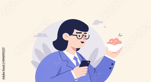 Professional woman in blue suit, glasses, holding phone and dessert